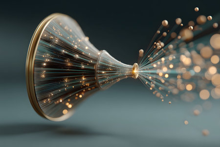 Dynamic abstract representation of data flow illustrated through a fiber optic light burst. this visual metaphor emphasizes technology and innovation, ideal for conveying concepts of connectivity, speed, and modernity in design projects. Generative AIの素材