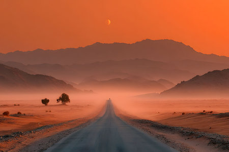 Breathtaking view of a vast desert landscape under a stunning sunset sky. a long, lonely road stretches through the desert, leading toward distant mountains enveloped in mist. the warm glow highlights the serene and tranquil atmosphere. Generative AIの素材