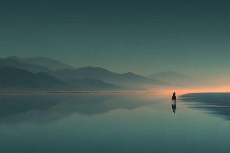 A solitary rider on horseback crosses a serene, mirror-like lake at dawn. the calming water reflects the distant mountains, creating a peaceful, almost surreal landscape. soft pastel hues paint the sky, enhancing the tranquil mood. Generative AIの素材