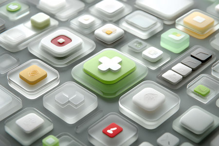 A collection of glossy 3d app icons featuring medical and health themes. the icons, in various pastel hues, are arranged in a grid and designed for modern digital interfaces, emphasizing functionality and aesthetics. Generative AIの素材