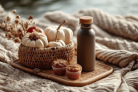 A picturesque autumn picnic arrangement featuring a woven basket with white pumpkins, decorative flowers, and apples. a stainless steel bottle and muffins on a wooden tray complete the cozy outdoor setting, surrounded by soft blankets. Generative AIの素材