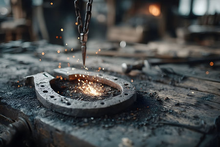Focuses on the intricate art of blacksmithing with a spotlight on a rustic horseshoe and the dynamic sparks from welding. evokes a sense of tradition, craftsmanship, and industrial design, ideal for posters or educational materials. Generative AIの素材