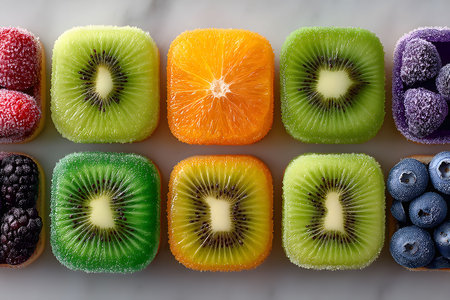 A visually appealing arrangement of frosted fruit slices, including kiwis, oranges, berries, and blackberries. the vibrant colors and unique square shapes add an artistic touch, ideal for food design inspiration. Generative AIの素材