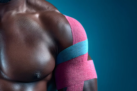 A detailed close-up of a muscular shoulder wrapped in vibrant pink and blue therapeutic bandages, reflecting a modern athletic recovery concept. ideal for sports medicine, physiotherapy, or fitness-related designs. Generative AIの素材