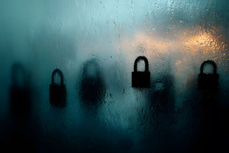 Silhouetted padlocks appear against a mist-covered glass, creating a mysterious and atmospheric feel. the warm ambient light in the background enhances the theme of security and privacy in a dreamy, abstract setting. Generative AIの素材