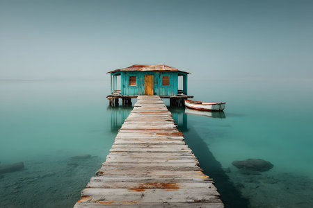 A serene coastal scene featuring a rustic wooden dock leading to a vibrant turquoise boathouse. the calm, clear water reflects the peaceful environment, accompanied by a small boat, ideal for a summer getaway. Generative AIの素材