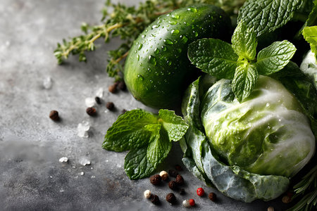 A vibrant display of fresh vegetables and herbs including a cucumber, cabbage, and mint leaves. sprigs of thyme accompany the produce, along with scattered peppercorns and salt, creating an enticing culinary scene. Generative AIの素材