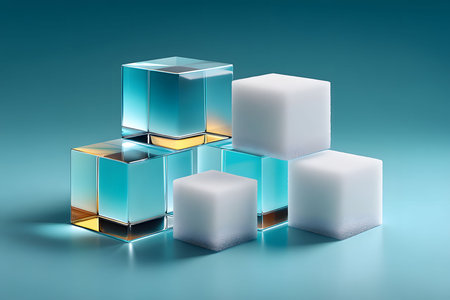 A modern arrangement of transparent and opaque cubes, showcasing a blend of glass and frosted textures. the blue and gold reflections on the mirrored surface add depth, making it ideal for contemporary design projects. Generative AIの素材