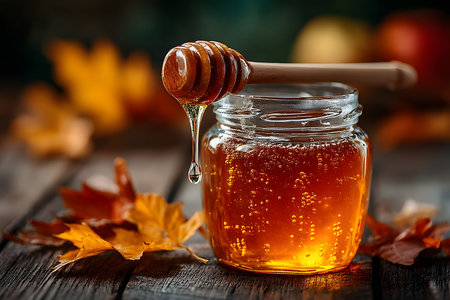 A jar of golden honey sits on a rustic wooden table surrounded by vibrant autumn leaves. a honey dipper, poised above the jar, allows honey to drip, the rich texture and warmth of the scene. Generative AIの素材