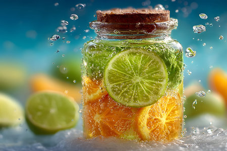 Vibrant citrus fruits, including oranges and limes, are submerged in a mason jar, creating a fresh, sparkling infused water. droplets splash against a blurred blue and green background, evoking a refreshing summer vibe. Generative AIの素材