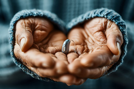 Elderly hands cupping a minimalist hearing aid, emphasizing themes of senior support and advanced technology. provides a poignant visual regarding accessibility, healthcare, and the compassionate care of aging populations. Generative AIの素材