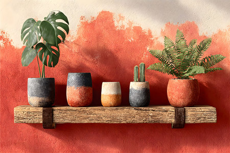 A rustic wooden shelf holds an array of ceramic planters in varied colors and textures, displaying plants like monstera, cactus, and ferns. positioned against a vibrant two-toned wall, offering a stylish and modern interior decor idea. Generative AIの素材