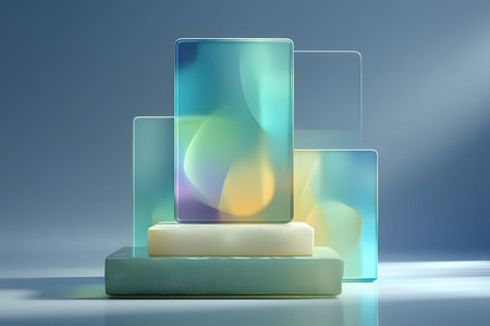 An arrangement of translucent geometric shapes featuring a soft gradient of blues, greens, and yellows, set against a minimalist backdrop. the composition highlights modern art concepts and creative design elements. Generative AIの素材