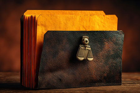 A close-up of a sophisticated leather folder with an emblem of the scales of justice, containing a stack of yellow legal documents. the arrangement symbolizes organization and professionalism in legal settings. Generative AIの素材