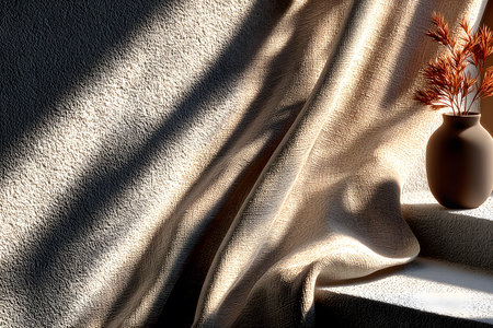 Soft sunlight casts textured shadows on a draped curtain next to a dark vase with autumnal branches on a windowsill. the scene evokes a calm, minimalist aesthetic perfect for interior design themes. Generative AIの素材