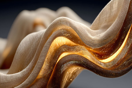 A dynamic close-up of softly flowing beige fabric accented with shimmering gold threads, captured in elegant motion against a muted background. ideal for use in artistic projects, design inspirations, and creative texture references. Generative AIの素材