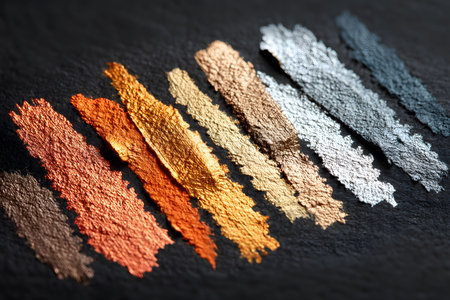A collection of vibrant metallic paint strokes displayed on a textured black canvas. this composition showcases various colors such as gold, silver, bronze, and copper, their distinct textures and radiant finishes, perfect for creative projects. Generative AIの素材