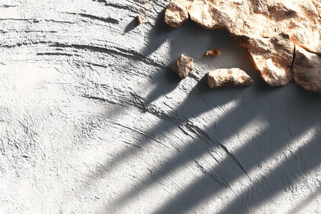 Textured concrete wall displaying dynamic shadows cast by natural light. rustic stone fragments add interest and depth, creating a versatile background for various design projects requiring an abstract, artistic touch. Generative AIの素材
