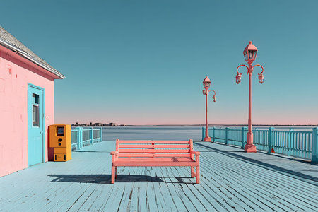 A vividly colored, pastel-toned coastal pier featuring a pink bench, lamp posts, and a vending machine under a clear blue sky. the tranquil scene exudes a cheerful, summery vibe, ideal for design and print applications. Generative AIの素材