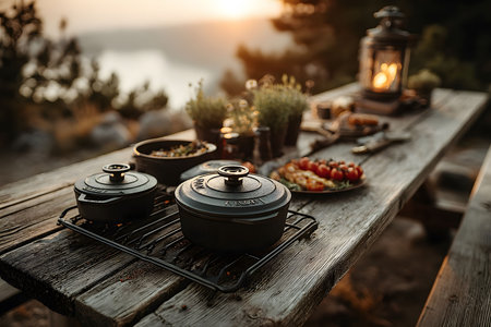 A picturesque rustic outdoor dining scene featuring cast iron cookware on a wooden picnic table, surrounded by fresh herbs and mixed salads. the warm glow of a lantern enhances the cozy sunset ambiance. Generative AIの素材