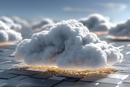 Digital cloud hovering over an intricate circuit board, symbolizing cloud computing technology and data connectivity. the glowing connections highlight innovation and futuristic technology integration. Generative AIの素材