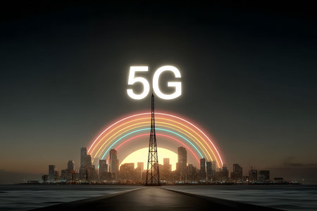 Futuristic urban skyline illuminated by a colorful arc, representing advanced 5g technology. the image highlights connectivity and innovation in modern cities, emphasizing technological progress and vibrant urban life. Generative AIの素材
