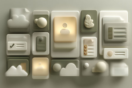A minimalist collection of icons presented in soft neutral colors. includes a variety of icons such as clouds, leaves, user profiles, checklists, and documents. ideal for digital interfaces, web design, and app development. Generative AIの素材
