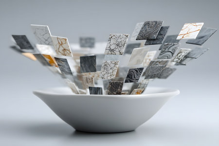 A contemporary abstract sculpture displaying geometric shapes in a dynamic arrangement. the structure, set in a minimalist bowl, combines various grayscale patterns with hints of gold, enhancing any modern interior decor with its artistic flair. Generative AIの素材