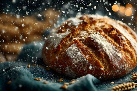 Close-up of crusty artisan bread on a blue cloth, highlighted by a dramatic flour dusting and warm lighting. the setting exudes a rustic, cozy atmosphere, perfect for culinary, bakery, or lifestyle themes. Generative AIの素材