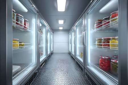 A modern commercial refrigeration aisle featuring glass door freezers filled with jars of preserved foods. the equipment showcases bright interior lighting and a sleek design, ideal for retail or grocery store environments. Generative AIの素材