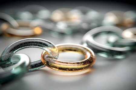 Close-up of interlocking glass chain links in various colors, showcasing transparency and reflection. this abstract representation emphasizes strength, unity, and connection, ideal for design, advertising, and conceptual art. Generative AIの素材