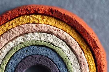 Stacked, textured rings in vibrant colors form a half-circle, resembling a rainbow. each layer features a distinct hue, creating an engaging and educational visual perfect for design projects, play, or learning about colors. Generative AIの素材