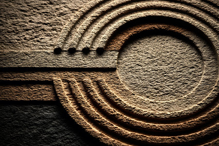 Abstract geometric design featuring concentric circles and linear patterns etched into a textured stone surface. the interplay of light and shadow highlights intricate details, offering a modern aesthetic suitable for interior decor and design. Generative AIの素材