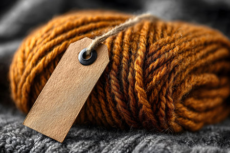 A skein of cozy, orange-brown yarn adorned with a blank wooden tag rests on a textured gray fabric. the warm, rich tones and natural materials evoke feelings of comfort and invite creative crafting opportunities, perfect for autumn-themed projects. Generative AIの素材