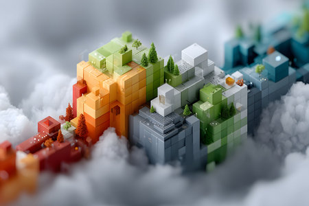 A vibrant isometric voxel landscape with colorful, block-like structures forming a whimsical cityscape, floating amidst soft, fluffy clouds. the scene blends nature and geometry, featuring miniature trees and varied topography in a serene, imaginative environment. Generative AIの素材