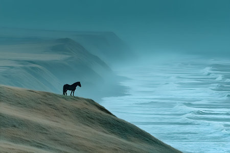 A lone horse stands on a grassy cliff, gazing at the expansive coastline beneath a blue, misty dawn. crashing waves blur into the distance, creating a serene and majestic contrast between nature's elements. Generative AIの素材