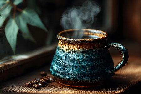 Steaming coffee fills a rustic blue ceramic mug, resting on a wooden windowsill bathed in soft sunlight. coffee beans are scattered nearby, while lush green leaves offer a serene backdrop, creating a cozy atmosphere. Generative AIの素材