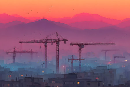 A sunset sky casts vibrant hues over an urban landscape, silhouettes of construction cranes and buildings. the soft gradient of colors blends with distant mountain peaks, creating a tranquil yet dynamic scene. Generative AIの素材