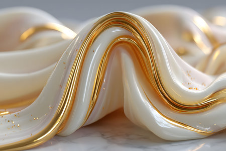 Intricate fluid art displaying smooth, flowing curves accentuated with shimmering gold details. the rich texture and elegant color palette create a sophisticated and luxurious aesthetic, ideal for contemporary decor and design concepts. Generative AIの素材