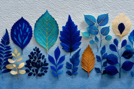 Collection of diverse blue and gold leaves arranged in a visually engaging pattern. the textured background adds depth, the intricate details and vibrant hues, perfect for use in artistic designs and nature-inspired projects. Generative AIの素材