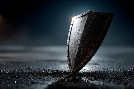 A solitary medieval shield stands firmly on rugged terrain under dim lighting, symbolizing strength and security. the metallic texture and dramatic shadows highlight its protective qualities, evoking themes of defense and resilience. Generative AIの素材