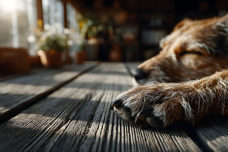 A relaxed dog peacefully sleeps on a wooden surface bathed in warm sunlight. the cozy, rustic setting features potted plants and soft lighting, creating a serene and tranquil atmosphere perfect for relaxation. Generative AIの素材