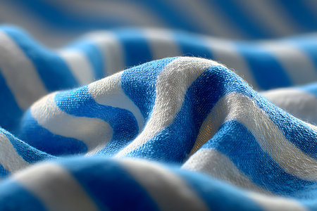 Blue and white fabric with a wavy, textured pattern. the close-up detail highlights the fabric's texture and the striking contrast of colors, offering a vibrant design for fashion, home decor, and creative projects. Generative AIの素材