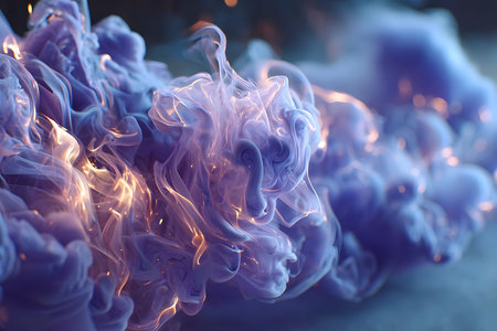 Ethereal swirls of purple and orange smoke create a mesmerizing abstract composition. capturing the essence of fluidity and motion, this image is perfect for creative designs, backgrounds, and digital art purposes. Generative AIの素材