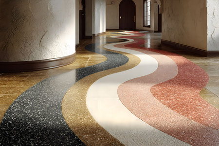 Curved, multicolored walkway within a modern hallway setting, showcasing unique architectural design and play of light on textured surfaces. ideal for interior design themes and architectural innovation. Generative AIの素材