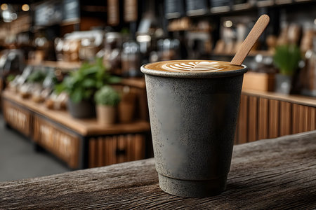 A visually appealing latte garnished with intricate latte art sits in an eco-friendly paper cup on a wooden surface, set against the warm, rustic ambiance of an inviting coffee shop with blurred background elements. Generative AIの素材