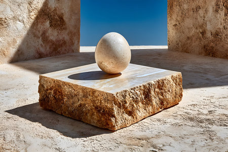 A spherical stone sculpture rests atop a rugged, rectangular block, positioned in a minimalist desert scene. the earthy textures contrast with a vibrant blue sky, the harmony between natural elements and geometric forms. Generative AIの素材