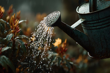 Rustic watering can sprinkling water over vibrant plants in a garden, leaves glistening with raindrops. the lush, rainy backdrop highlights a nurturing scene, promoting growth and tranquility in a natural setting. Generative AIの素材