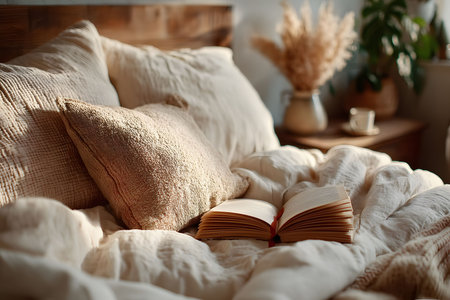 A serene bedroom setting featuring a fluffy bed adorned with textured pillows and a soft blanket. an open book invites relaxation, complemented by warm sunlight and dried flowers in the background, giving a cozy autumn vibe. Generative AIの素材