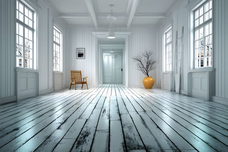Sunlit room featuring a minimalist interior design with a large orange vase as a focal point. the rustic, white wooden floor complements the bright space, enhanced by natural lighting through large windows. Generative AIの素材